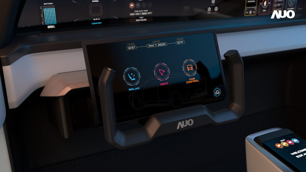 友達隱藏式智駕介面Foldable Cruise Pilot在手動駕駛模式下可以半收合呈現如里程、時速等資訊；自駕模式時則可以完全展開提供車內娛樂功能